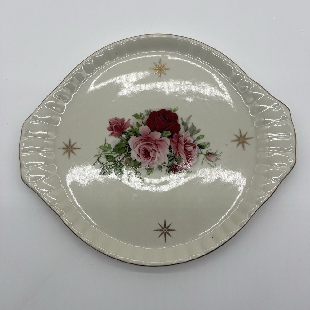 Vintage Style Rose Floral Decorative Plate Gold Starburst Scalloped Rim 8 Inch